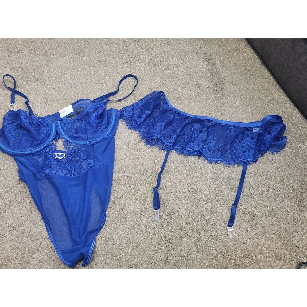 Womens Royal Blue Teddy And Garter Belt 1XL
